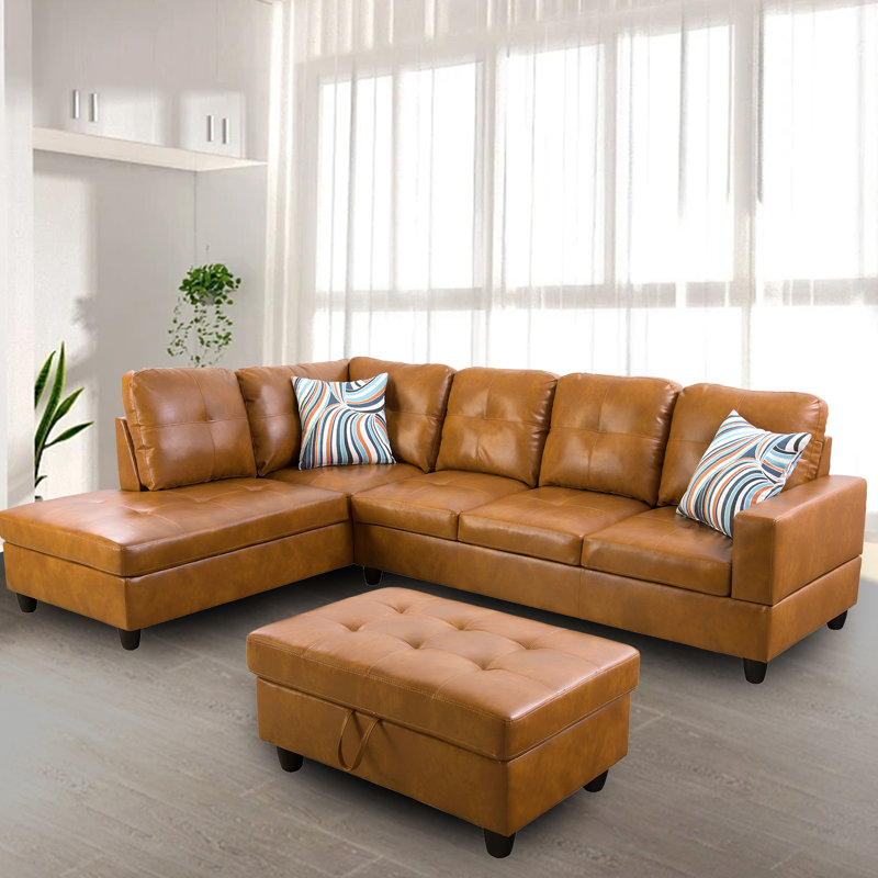 Elsiana 3 Piece Faux Leather Modular Living Room Set, Leather Couch Set, Left Hand Facing, Yellow Faux Leather