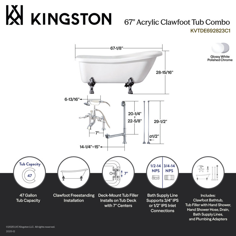 Kingston Brass Aqua Eden 67-Inch Acrylic Oval Single Slipper Clawfoot Tub with Faucet, Drain and Supply Lines Combo