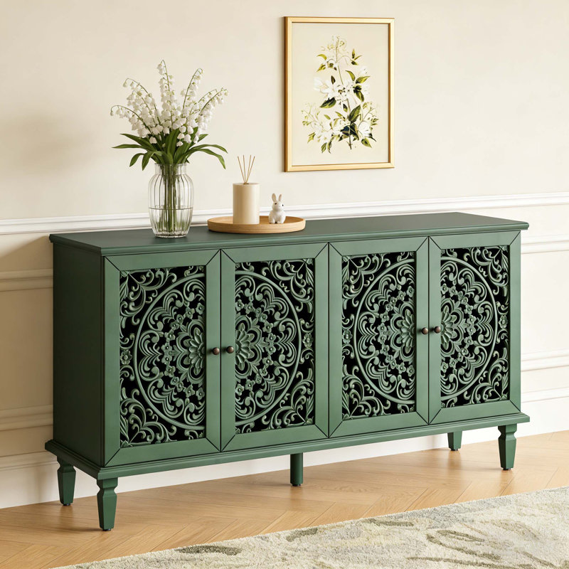 4 Door Antique Buffet Cabinet with Floral Carvings, Antique Green