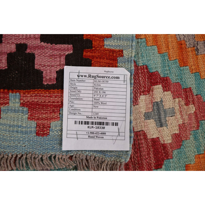 Tapis rouge / bleu / noir en laine noué à la main de conception unique 6 pi 5 po x 9 pi 7 po New Age
