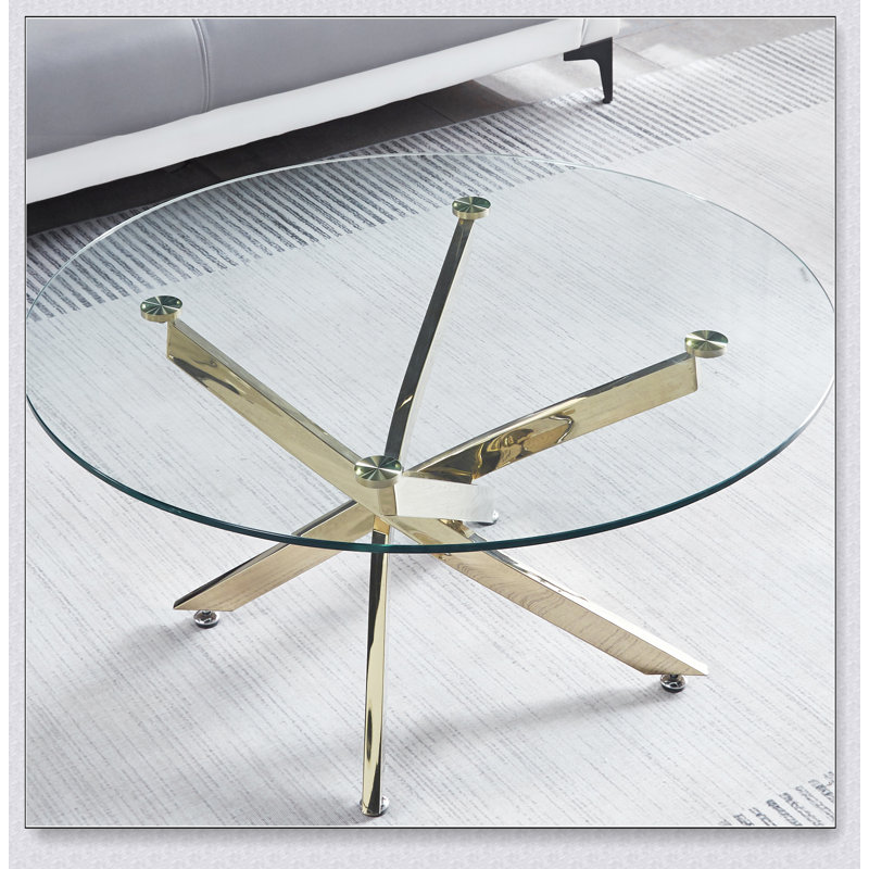 Table basse ronde moderne en verre trempé avec pieds chromés, parfaite pour les meubles de salon élégants et durables., Doré