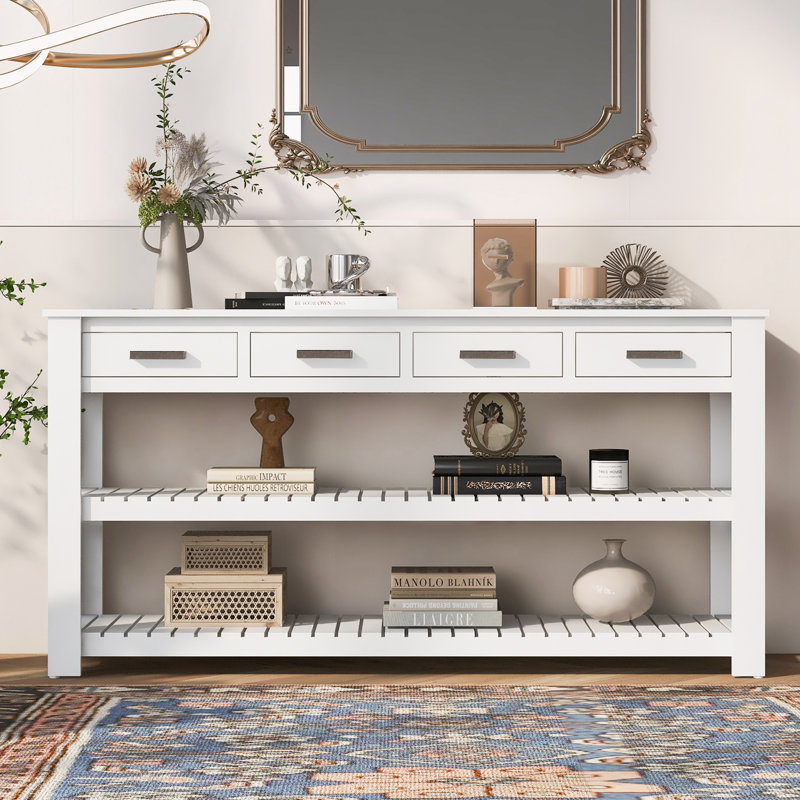 Entryway Console Table with 4 Drawers and 2 Shelves, White