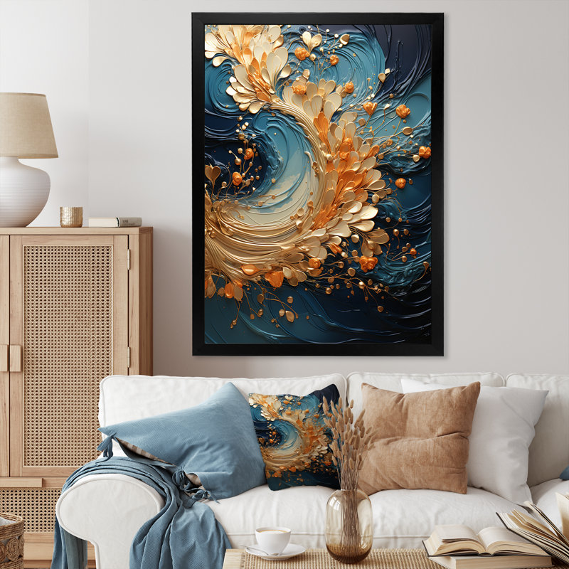 Abstrait, art mural sur toile Golden Sapphire, H 40 po x l 30 po x P 1,5 po, Cadre simple noir