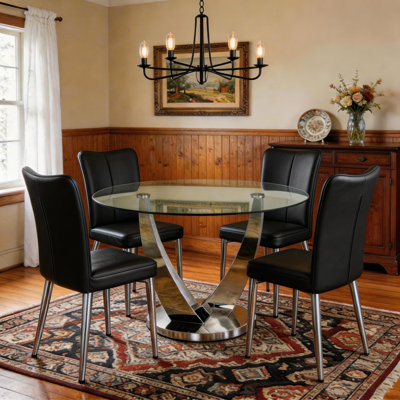 Vivica 47.2" Round Tempered Glass Dining Table Set For 4, Stainless Steel Legs Dining Table With PU Leather Upholstered Chairs, Metal Frame, For Kitchen Dining Room, Silver/Black