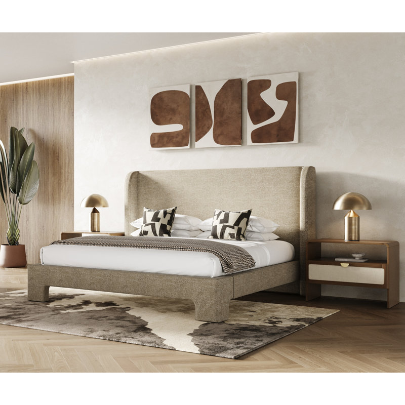 Emilio - Lit en tissu beige moderne, Très grand