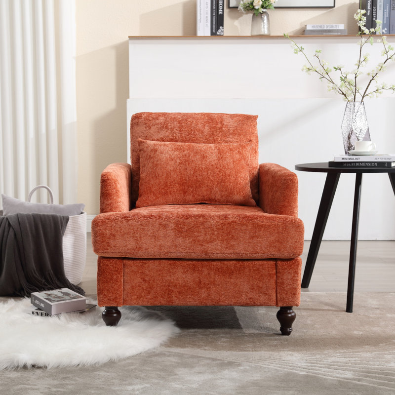 Fauteuil en chenille avec cadre en bois, Chenille orange foncé