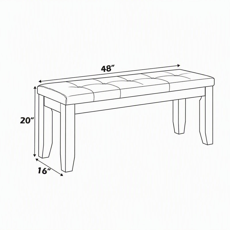 Banc en bois de style transitionnel avec coussin capitonné et traverses latérales