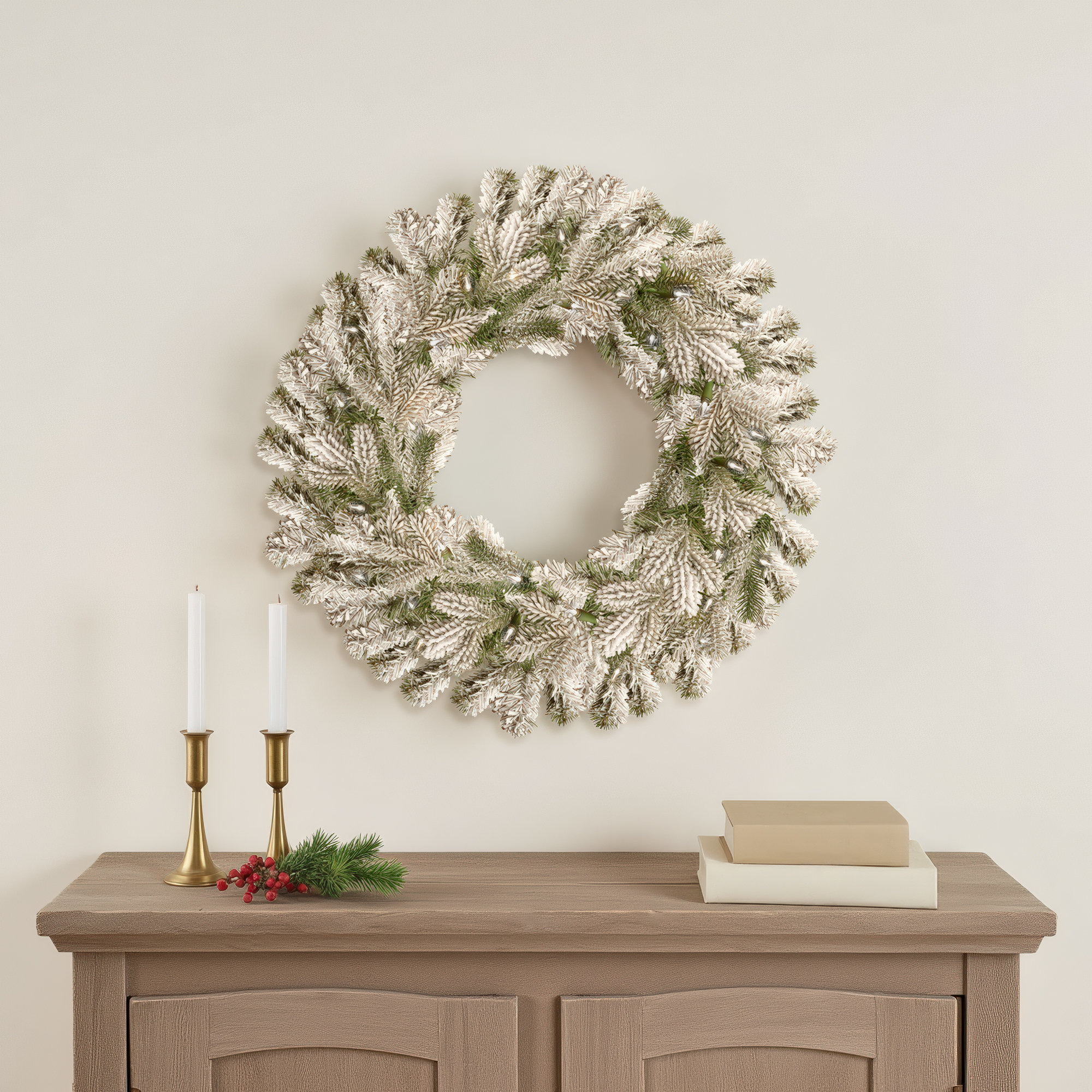 The Holiday Aisle® Snowy Sheffield Spruce Wreath with Battery Operated LED Lights, 24" H x 24" W x 5" D