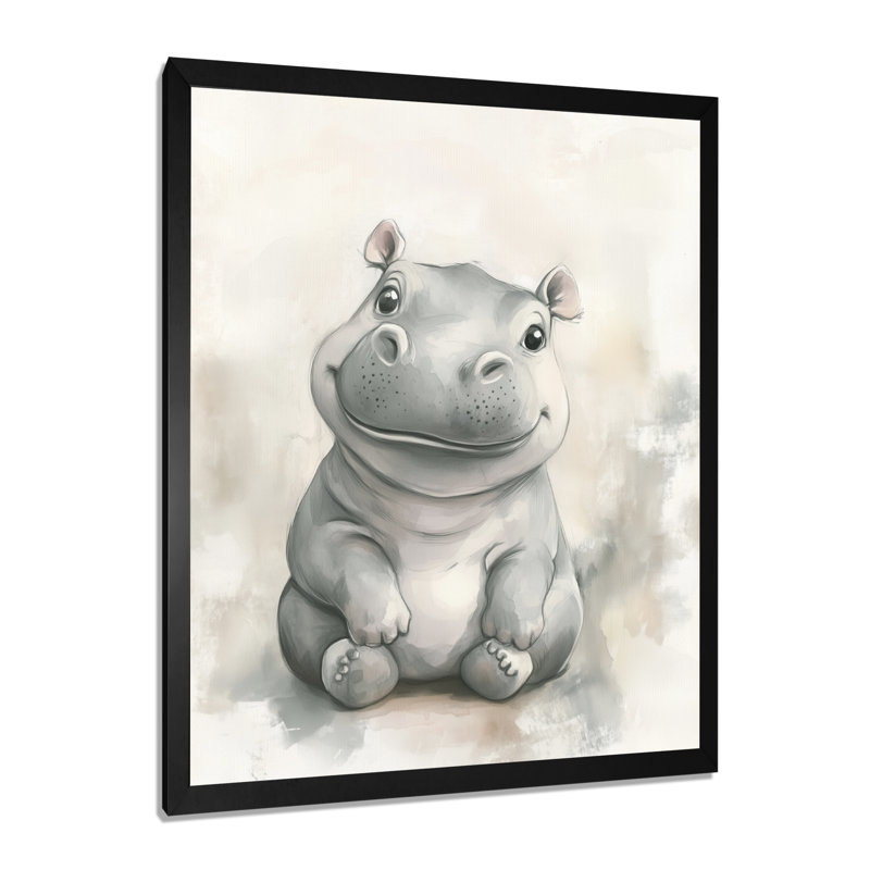 Petit Hippopotame à la Lumière Douce II - Tableau encadré d'un bébé animal gris, 20" H x 12" W, Black Picture Framed
