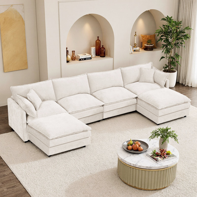 Modular U-Shaped Sectional Sofa 130.7" Chenille 4-Seater with Ottoman, Beige, Beige