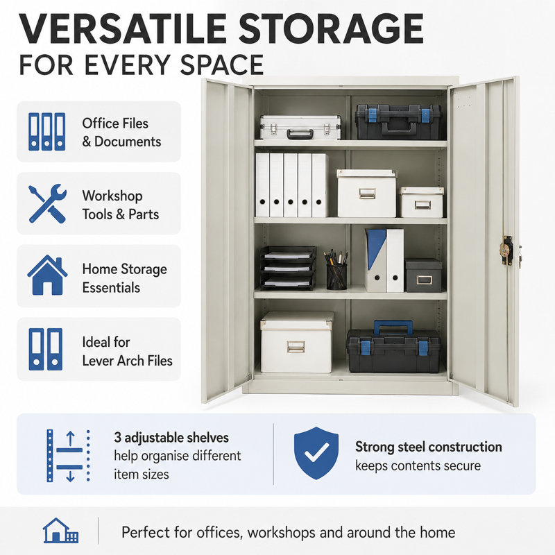 2 -Door 3 -Shelf Storage Cabinet, Grey - 75cm(w) x 38cm(d) x 140cm(h)