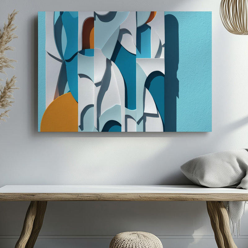 Toile, composition abstraite saisissante avec une série de formes d'art géométriques superposées dans des tons pastel doux, y compris des blancs