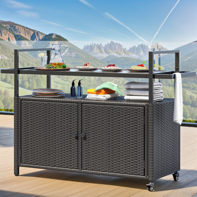 51.2 x 35.4 inch Outdoor Portable Wicker Bar Cart, Kitchen Cart With Glass Countertop Suitable For Patio, Balcony, Porch, Backyard
