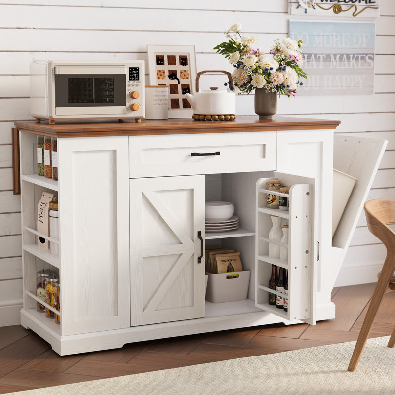 Kitchen Island With Storage, Rolling Island Table On Wheels With Cart Drop Leaf And Trash Can Storage, White