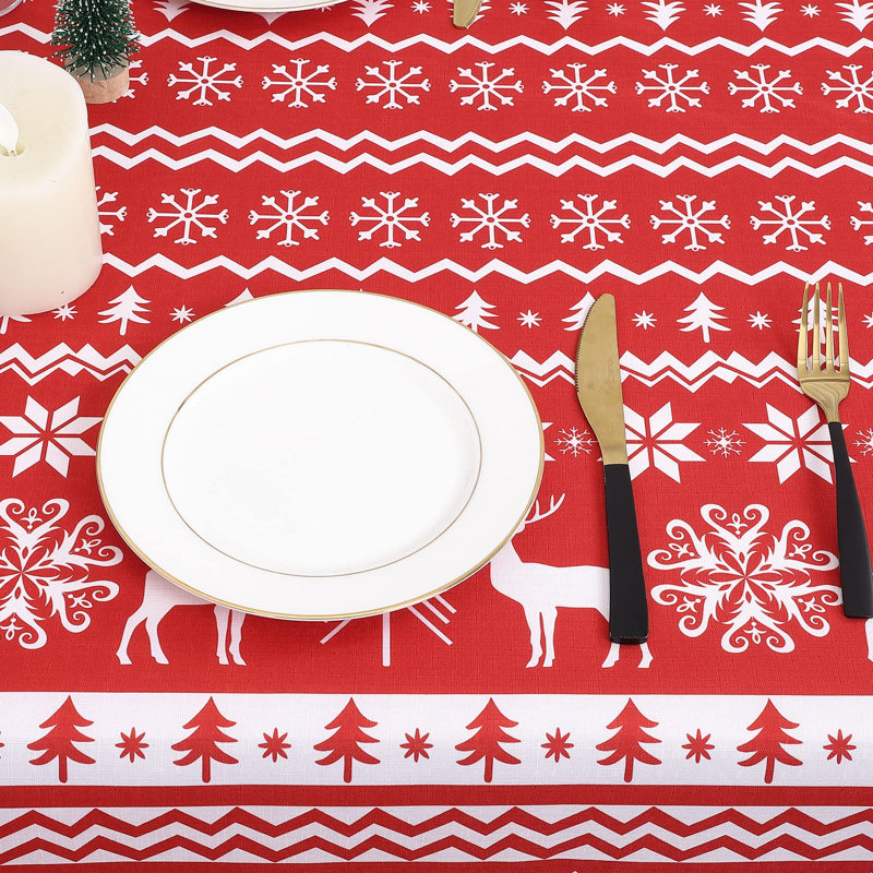 Round Waterproof Christmas Tablecloth – Durable mark Resistant Table Cover – Red Snowflake & Reindeer Print, Easy Clean – Ideal for Holiday Parties & Dining – 60" Round – Red bottom (Germany)