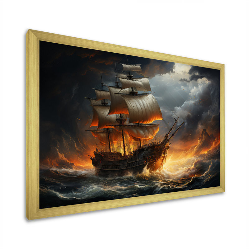 «Stormy Seas», art mural pirate, Cadre doré simple, H 16 po x l 32 po x P 1 po