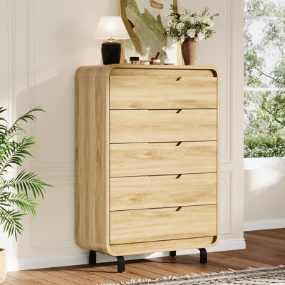 Commode haute à 5 tiroirs en bois naturel, armoire de rangement haute de 48 pouces pour le salon ou le couloir