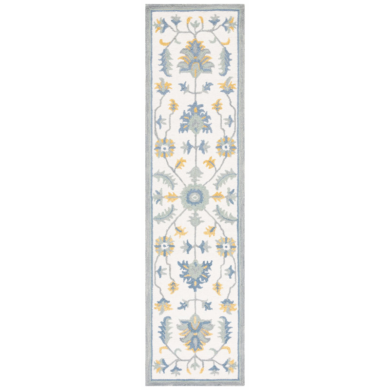 Metro Hand Tufted Wool/Cotton Oriental Rug in Green/Ivory/Blue, Runner 2'3" x 9'