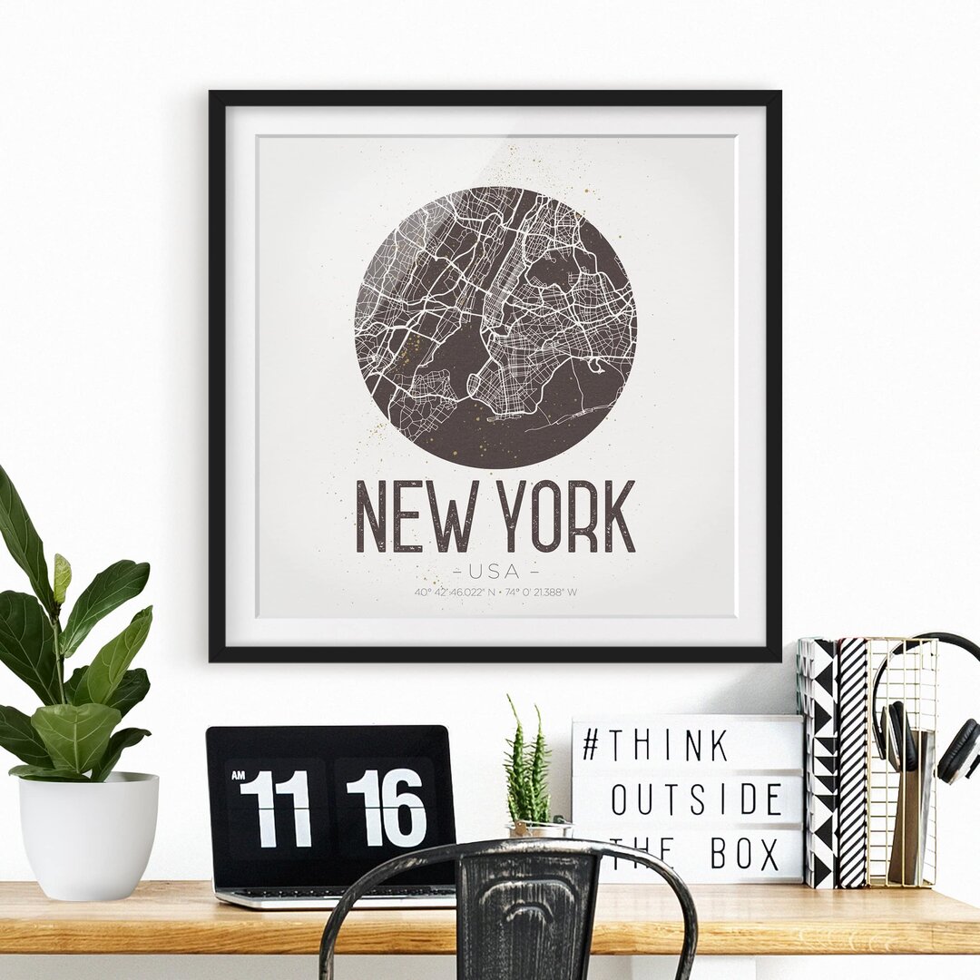 Gerahmter Grafikdruck New York Map - Retro