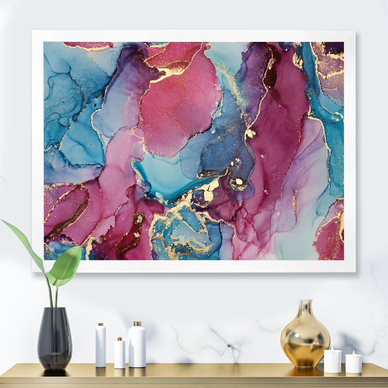 Bleu et mauve luxueux abstrait fluide - Peinture sur toile, Cadre de coin blanc fermé, H 16 po x l 32 po