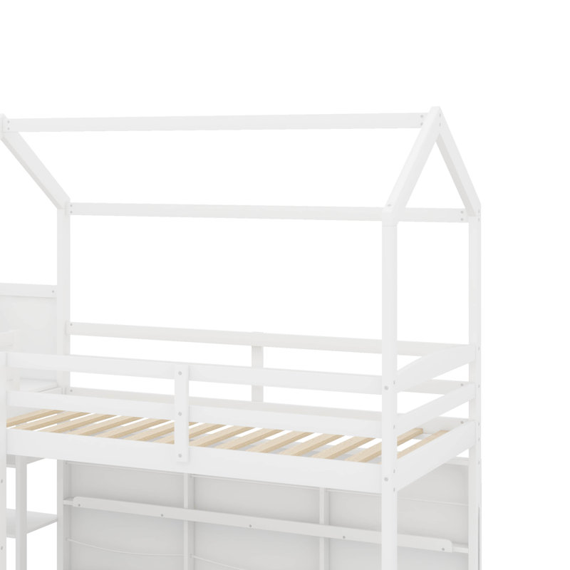 Twin Size Wood House Loft Bed With Slide, Storage Shelves And Light, Climbing Ramp, White