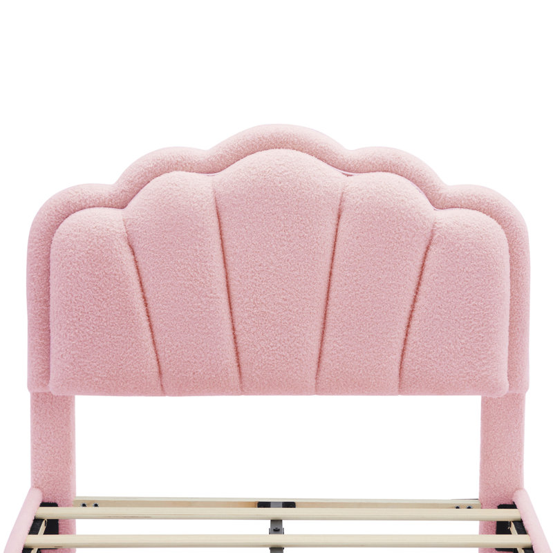 Lit tapissier en forme de fleur avec bande lumineuse DEL, lit plateforme en tissu sherpa avec support en lattes de bois, Rose