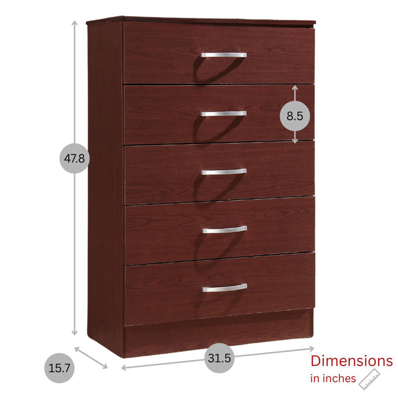 Commode à 5 tiroirs avec commode en bois de 31,5 pouces de largeur, tiroirs spacieux pour les vêtements, , Acajou