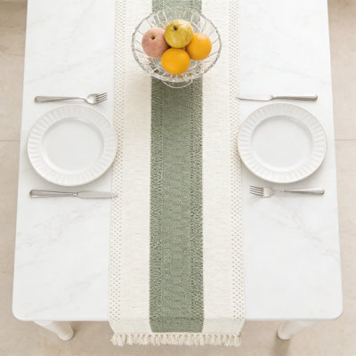 Macrame Style Table Runner With Bicolor Stitching And Fringed Edges, Boho Farmhouse Woven Home Decor, 72 Inch Length