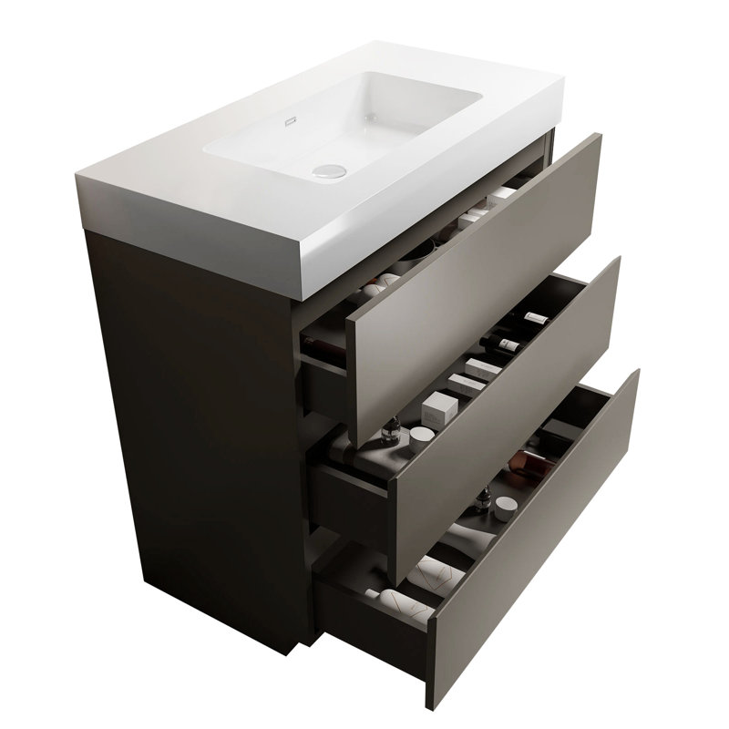 Meuble-lavabo gris 36 po avec lavabo - moderne et luxueux. Finition élégante, rangement maximal. Opération silencieuse et silencieuse. Sans drain ni robinet. Pré-assemblé avec élégance. Rangement, lavabo blanc. Conception ergonomique.