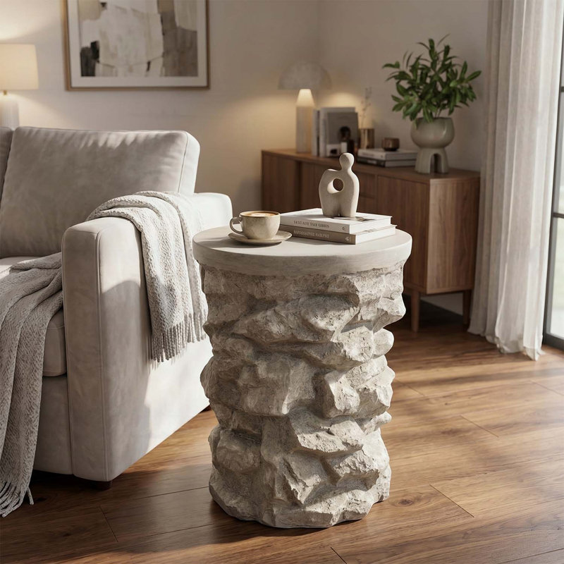 Table d'appoint grise ronde en faux pierre MGO, table de bout pré-assemblée non assemblée KD, capacité de poids de 80 lb, tabouret en pierre rustique d'intérieur et d'extérieur pour patio et salon