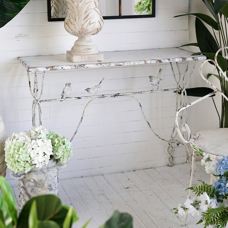Console Whimsical Bird Perch, fabrication en fer vieilli, table d'appoint avec pieds torsadés
