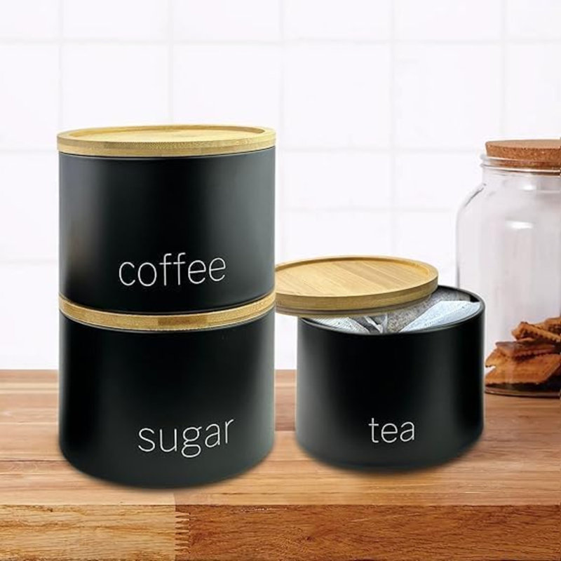 3PCS Round Tea Coffee Sugar Storage Set Airtight Kitchen Canister Jars Pots