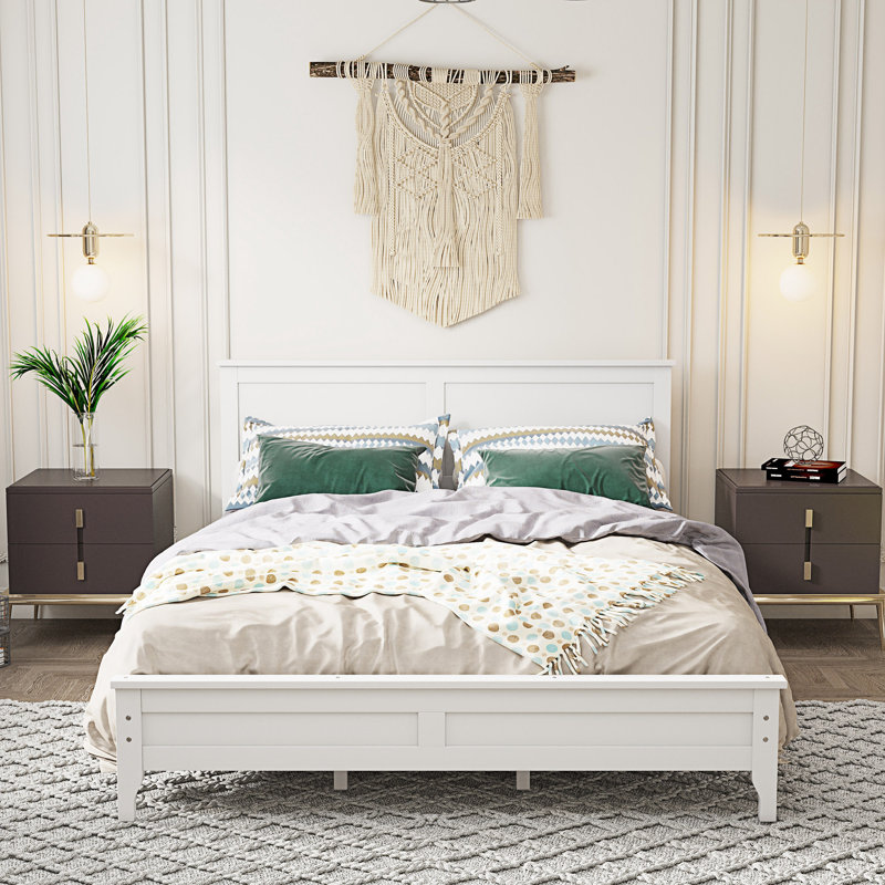 Solid Wood Platform Bed ,Low Profile bed frame, King, White