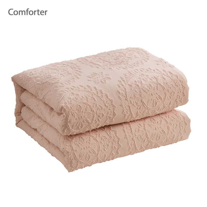 7 Piece Medallion Clip Jacquard Comforter & Decorative Pillow Set, Queen Comforter + 6 Additional Pieces, Pink