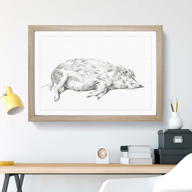 Lying Pig by Jean Bernard - Framed Print, 48cm H x 65cm W x 2cm D, Oak Framed