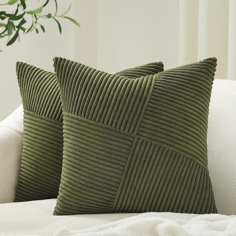 Ensemble de 2 housses de coussins décoratifs vert olive, housses de coussins en velours côtelé à rayures pour canapé, canapé, lit, décoration de maison Boho