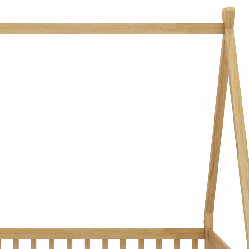 Modern Tent-Shaped Teepee Floor Bed With Guardrails, Slats And Door, Natural, Full