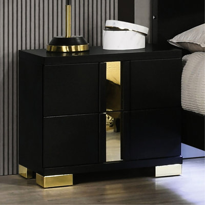 Table de chevet moderne à 2 tiroirs, apparence noire et dorée, bois d'ingénierie et métal, pieds en métal, accessoire décoratif de chambre à coucher
