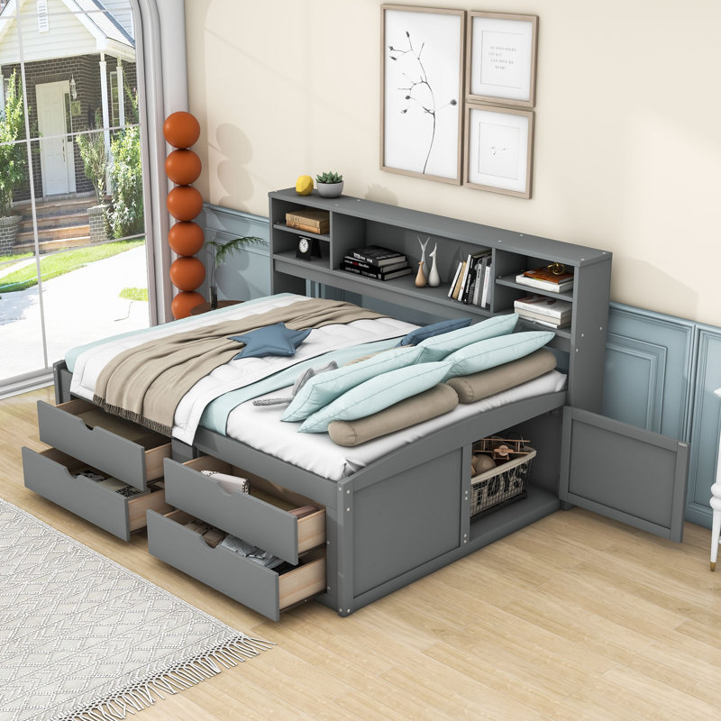 Lit de jour en bois Nagaji avec lit gigogne simple et tablettes, Gris
