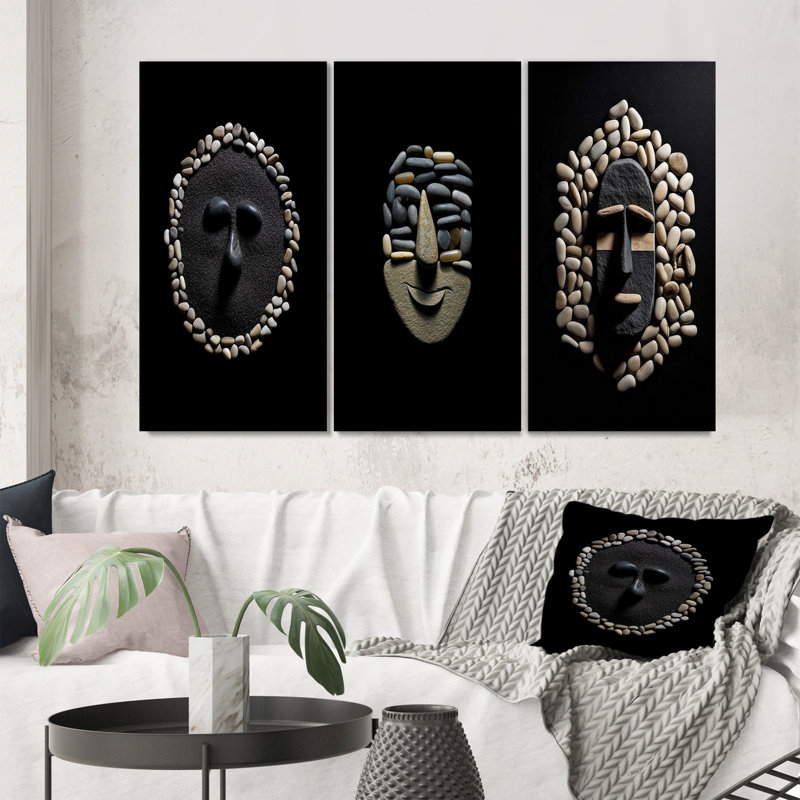 Ensemble d'imprimés 3 pièces - Masque tribal africain noir et blanc, Toile tendue, H 28 po x l 36 po