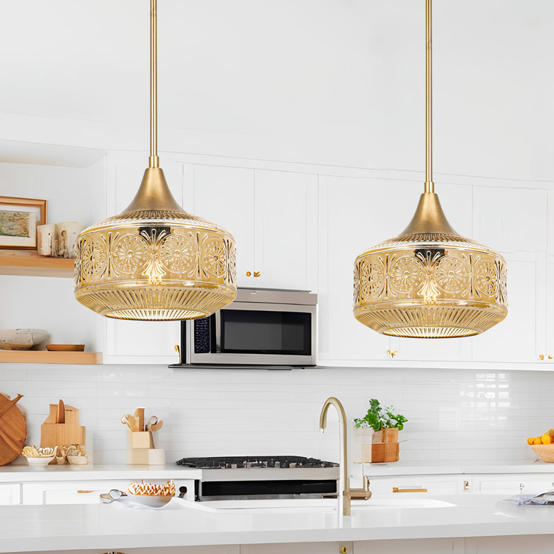 Grand luminaire suspendu en verre ambré avec finition dorée brossée, tige de suspension réglable pour îlot de cuisine, salle à manger, décor de maison de campagne et industriel