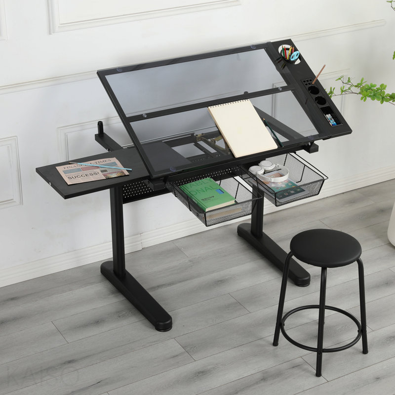 Table à dessin à manivelle réglable avec 2 tiroirs en métal (noir) et tabouret
