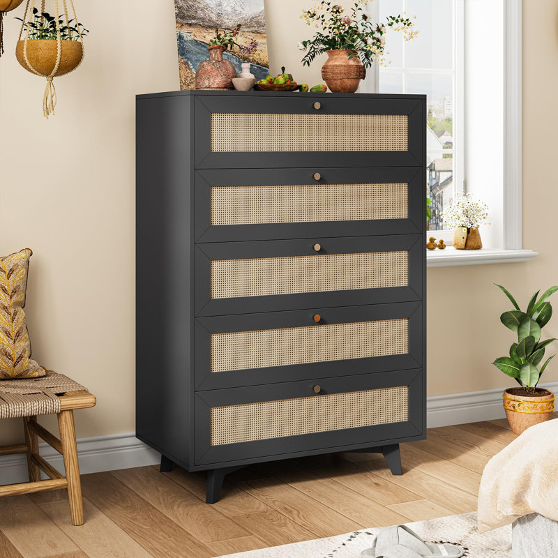  5 Drawers Rattan Dresser, Black