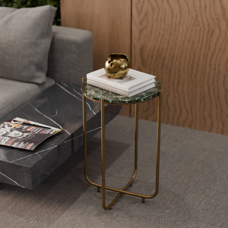Table de bout ronde en marbre massif de 15,5 po - base en métal doré, petite table d'appoint moderne, table d'appoint