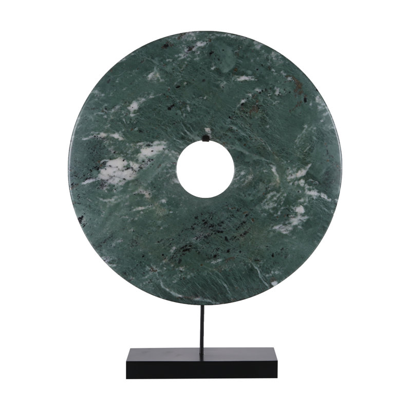 Jade Disk Sculpture with Base, 16" H x 2" W x 12" D, Green