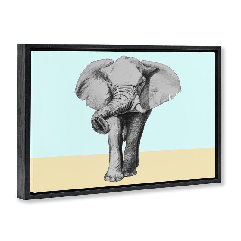 Éléphant esquissé sur cadre flottant aux teintes bloquées, design par Violeta Vollmer, H 17 po x l 25 po