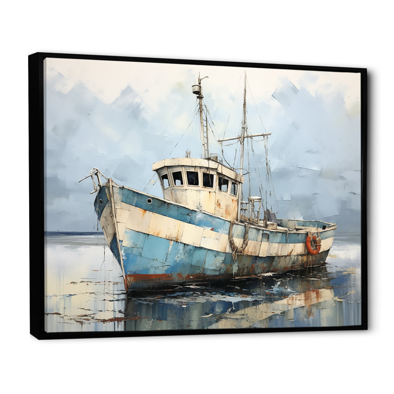 Bateau de pêche bleu et blanc - bateau côtier, art mural, H 16 po x l 32 po x P 1 po, Cadre flottant noir