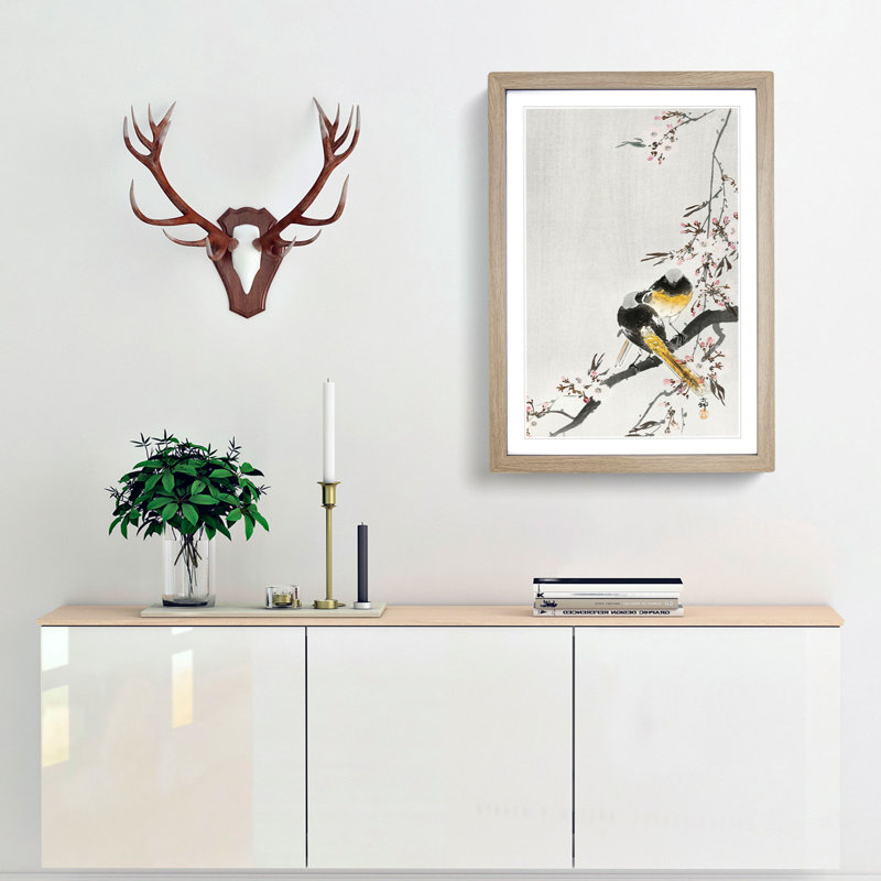 Two Sable Red Tails and Cherry Blossom by Ohara Koson - Picture Frame Painting Print, Oak Framed, 48cm H x 36cm W x 2cm D