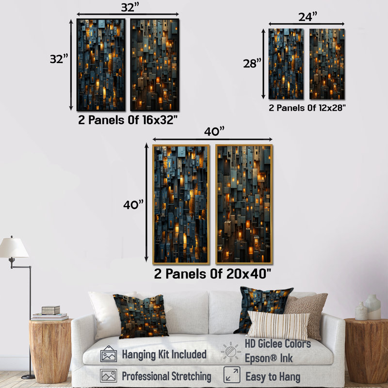 «Copper Canyons Skycrapers Cityscape», ensemble de 2 reproductions d'art mural abstrait, Cadre noir, H 40 po x l 41 po
