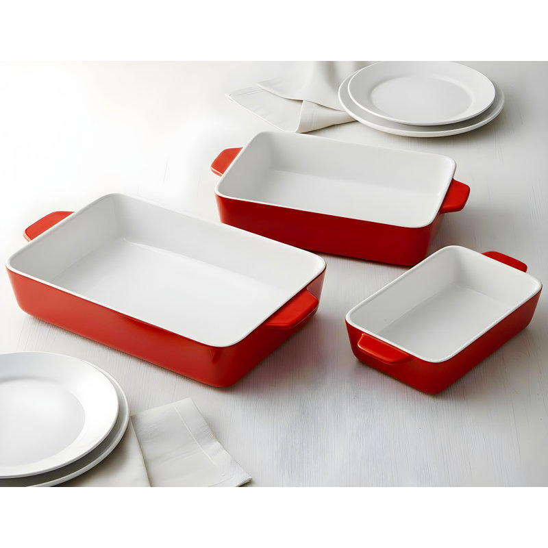 Kook Rectangle Ceramic 3 Piece Casserole Bakeware Set, Red
